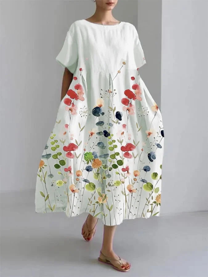 Zelara | Women's Floral Round Neck Short Sleeve Midi Dress - Floral - Image 1