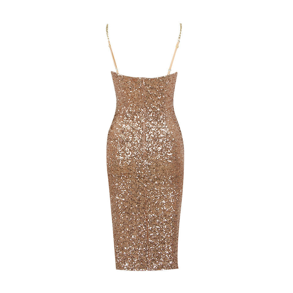 Zilvaine | Femme Robe Midi Paillettes Dorées - Gold - Image 4