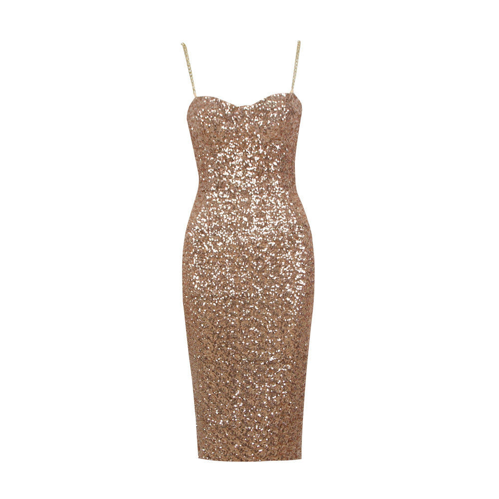Zilvaine | Femme Robe Midi Paillettes Dorées - Gold - Image 5