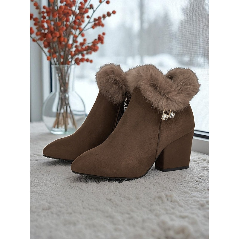 Zélorine | Femme Bottines à Talon Carré Bordure Fourrure - Brown - Image 1