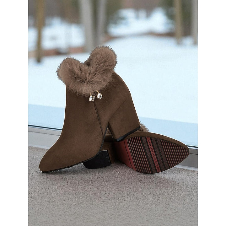Zélorine | Femme Bottines à Talon Carré Bordure Fourrure - Brown - Image 3