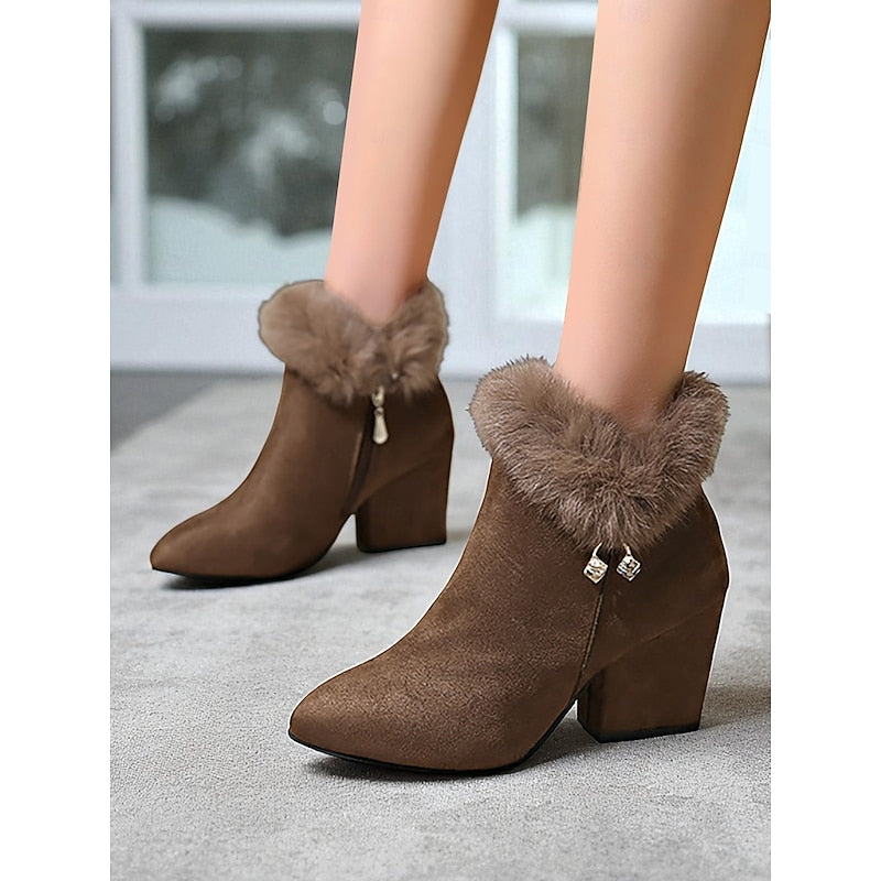 Zélorine | Femme Bottines à Talon Carré Bordure Fourrure - Brown - Image 4
