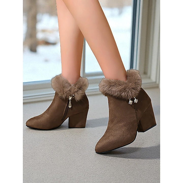 Zélorine | Femme Bottines à Talon Carré Bordure Fourrure - Brown - Image 5