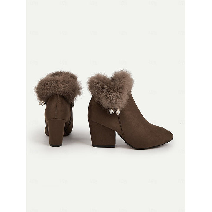 Zélorine | Femme Bottines à Talon Carré Bordure Fourrure - Brown - Image 7