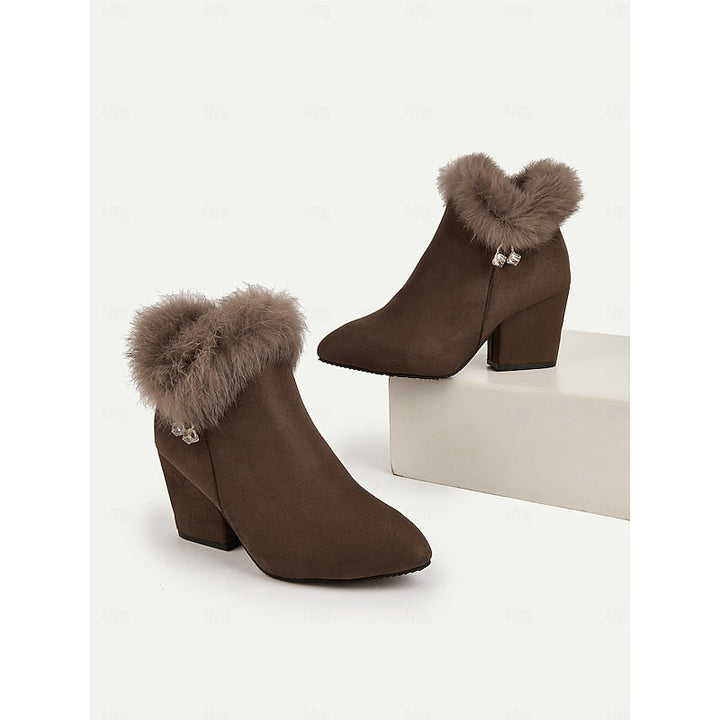 Zélorine | Femme Bottines à Talon Carré Bordure Fourrure - Brown - Image 9