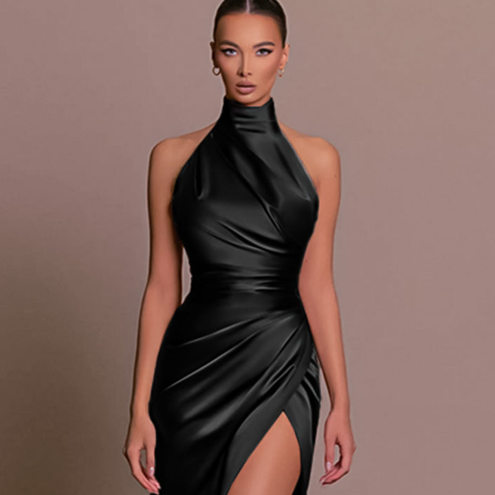 Zélvara | Femme Robe de Soirée Col Halter à Fente - Black - Image 1