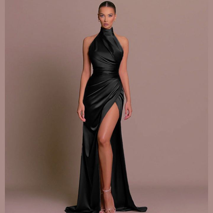 Zélvara | Femme Robe de Soirée Col Halter à Fente - Black - Image 4
