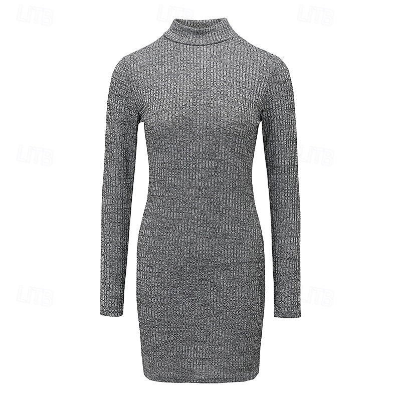 Zélvora | Femme Robe Pull en Maille Côtelée Col Montant - Dark Grey - Image 2