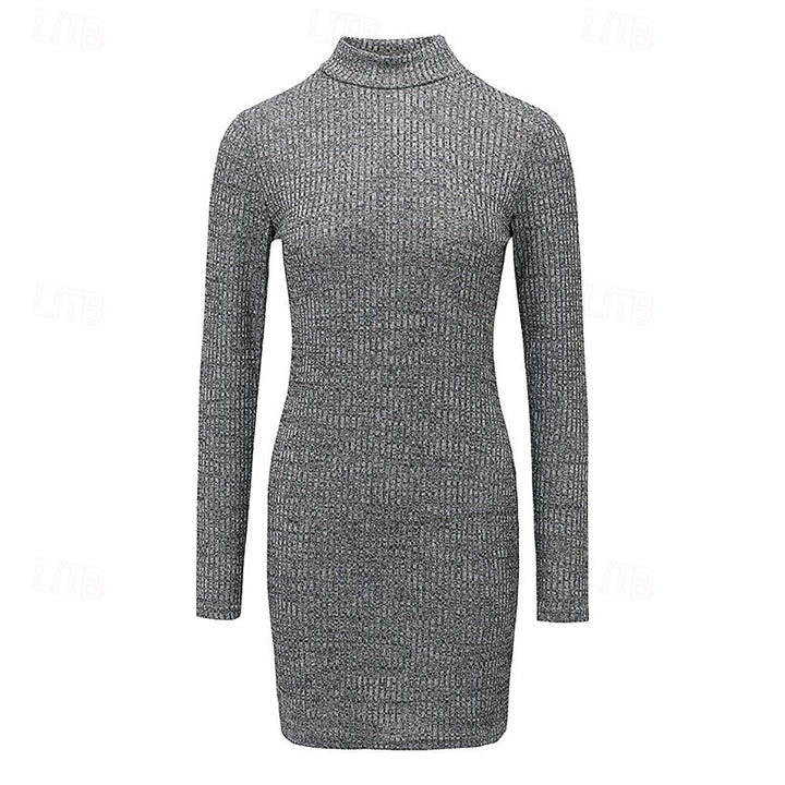 Zélvora | Femme Robe Pull en Maille Côtelée Col Montant - Dark Grey - Image 2