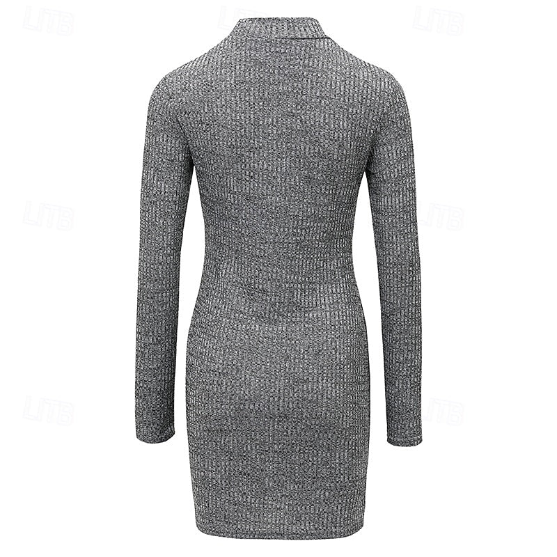 Zélvora | Femme Robe Pull en Maille Côtelée Col Montant - Dark Grey - Image 3