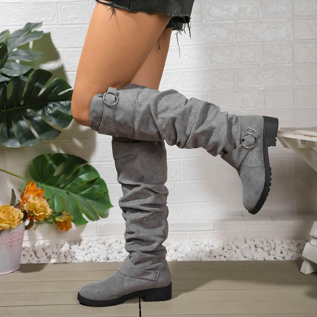 Zolvaine | Femme Bottes Genou Tige Plissée Boucle - Grey - Image 1