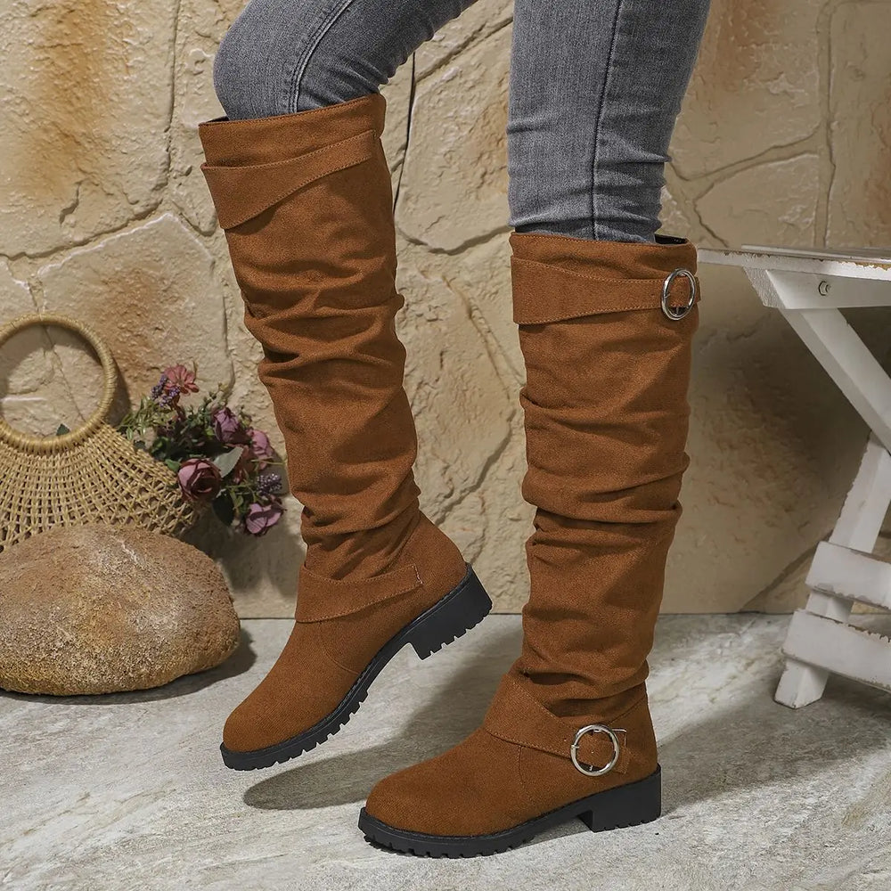 Zolvaine | Femme Bottes Genou Tige Plissée Boucle - Grey - Image 2