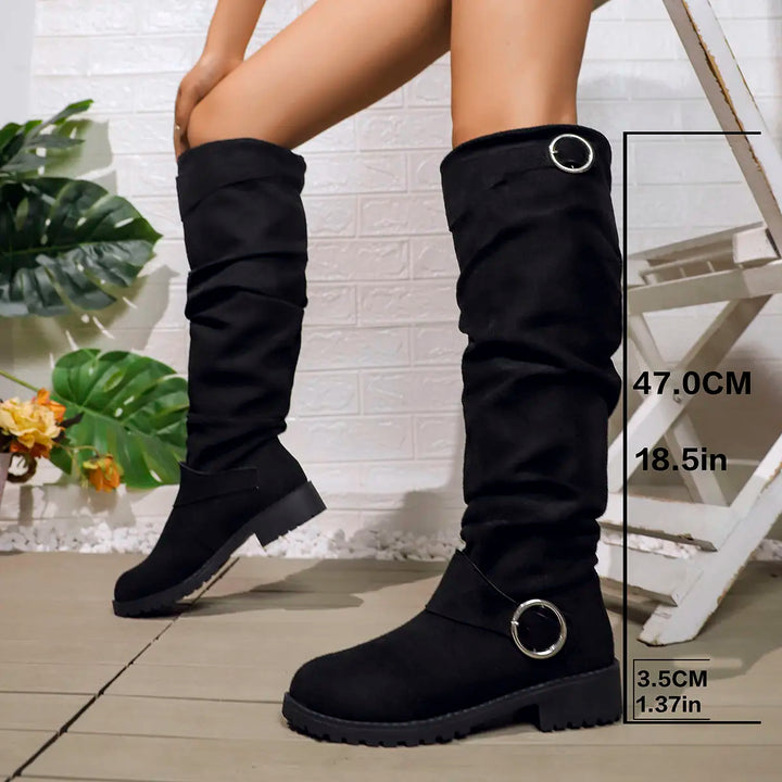 Zolvaine | Femme Bottes Genou Tige Plissée Boucle - Grey - Image 3