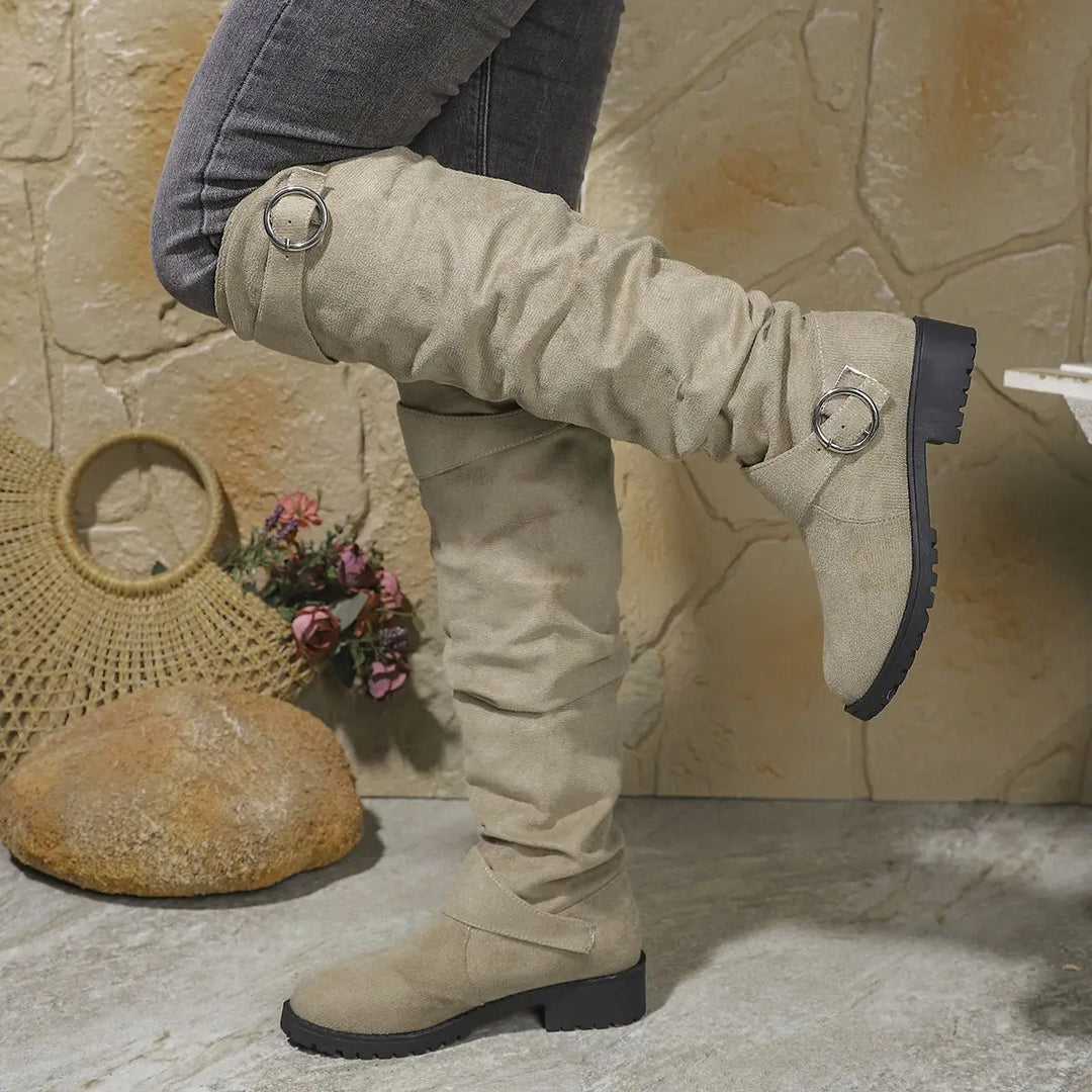 Zolvaine | Femme Bottes Genou Tige Plissée Boucle - Grey - Image 4