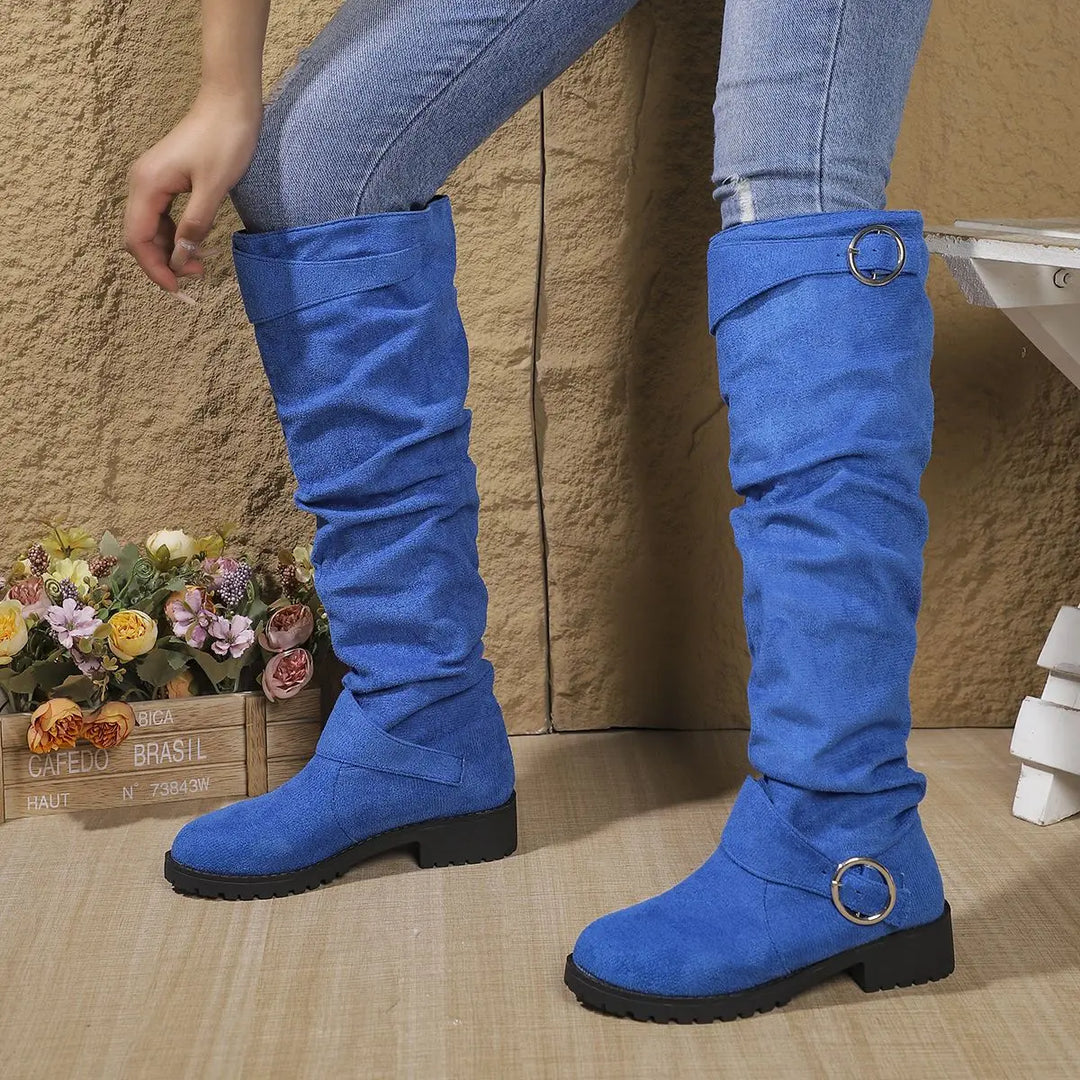 Zolvaine | Femme Bottes Genou Tige Plissée Boucle - Grey - Image 6