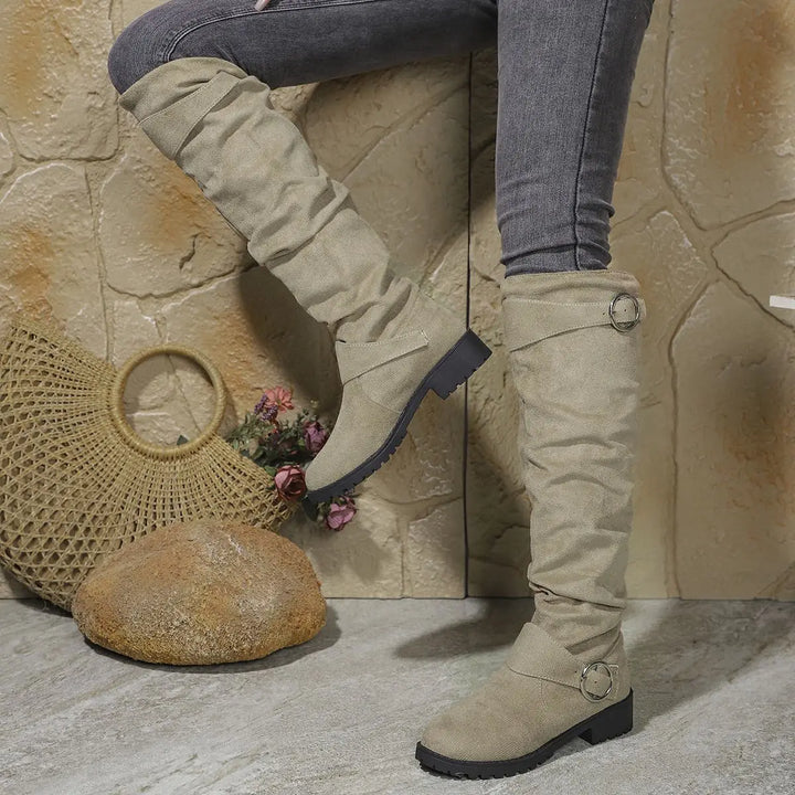 Zolvaine | Femme Bottes Genou Tige Plissée Boucle - Grey - Image 7