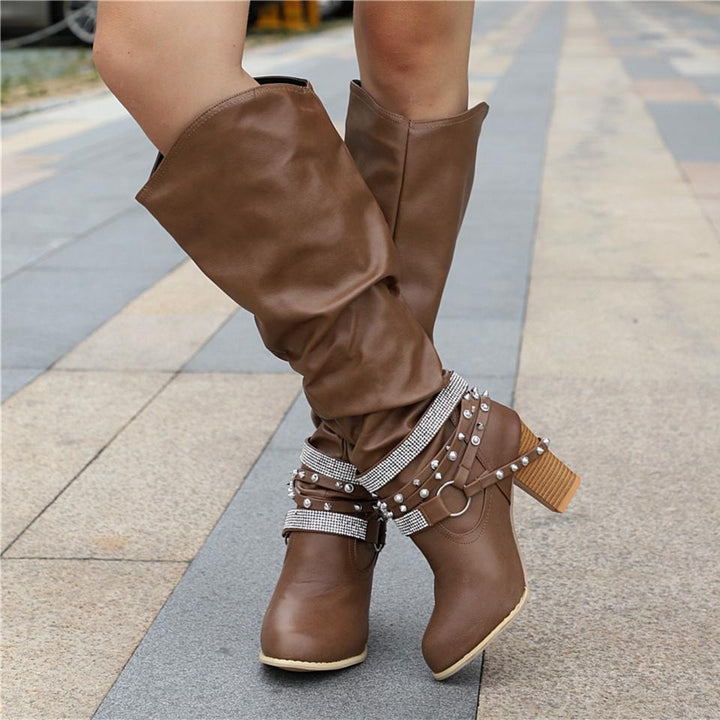 Zolvine | Femme Bottes Hautes Talon Bloc Strass - Brown - Image 1