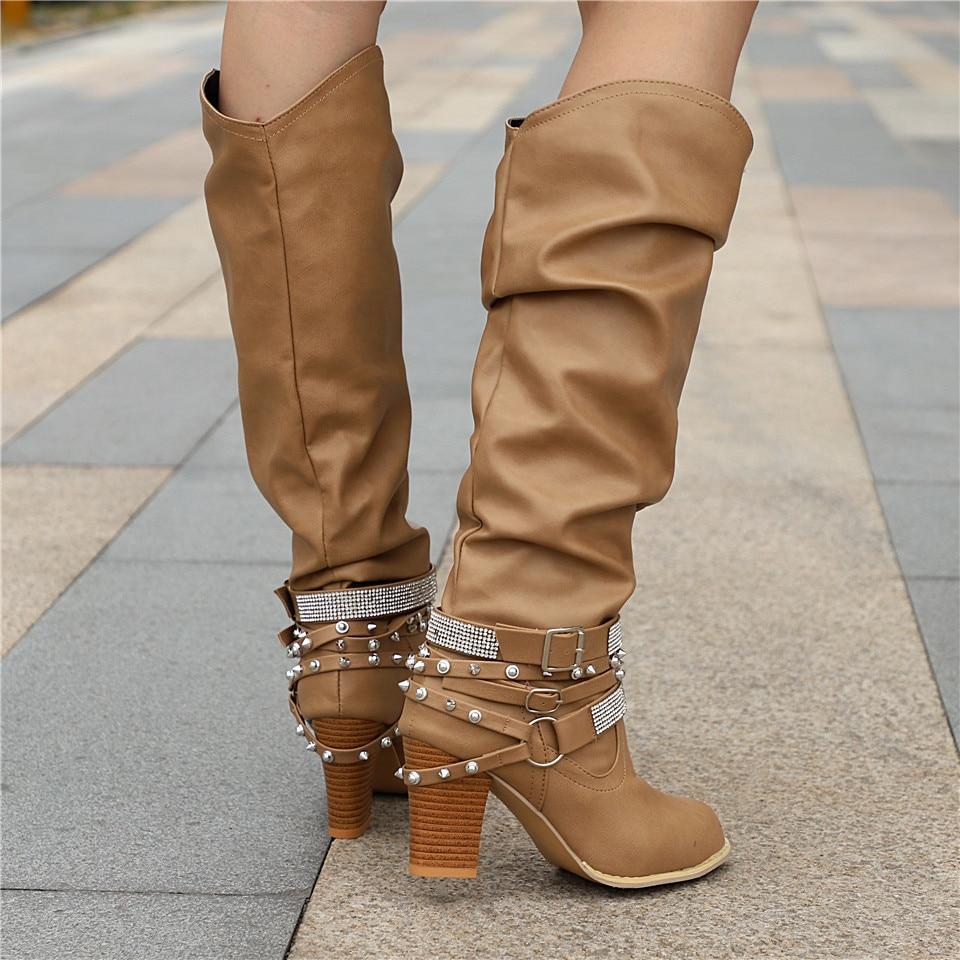 Zolvine | Femme Bottes Hautes Talon Bloc Strass - Brown - Image 10