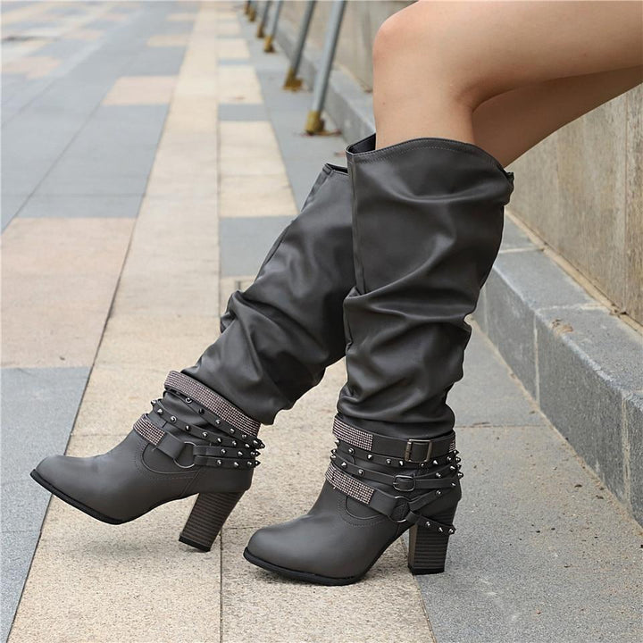 Zolvine | Femme Bottes Hautes Talon Bloc Strass - Brown - Image 11