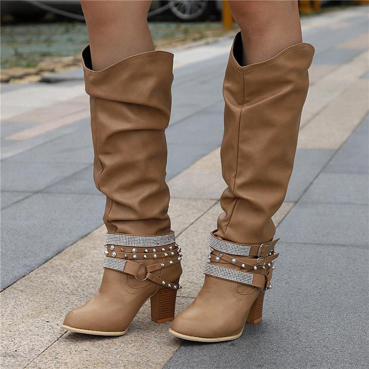 Zolvine | Femme Bottes Hautes Talon Bloc Strass - Brown - Image 3