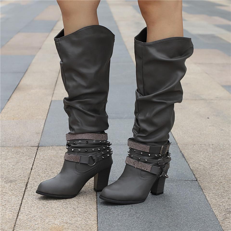 Zolvine | Femme Bottes Hautes Talon Bloc Strass - Brown - Image 4