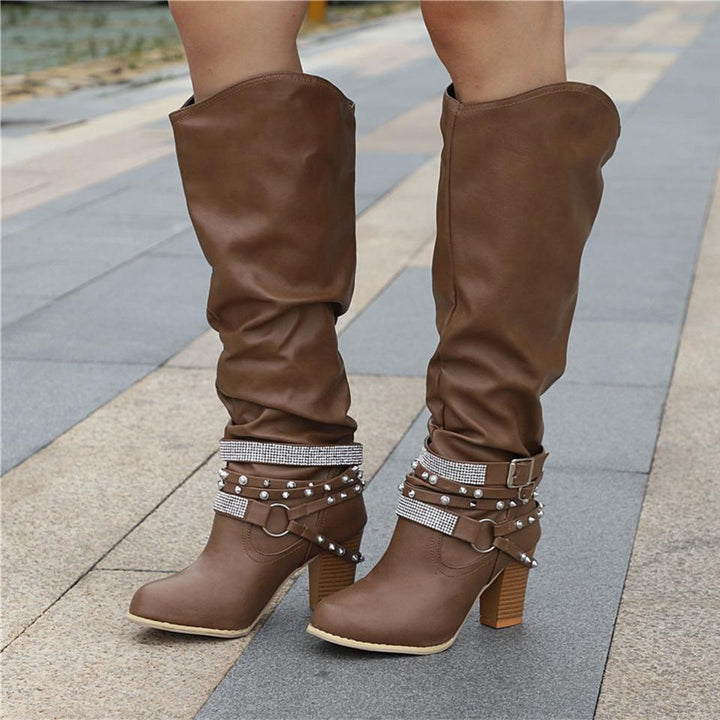 Zolvine | Femme Bottes Hautes Talon Bloc Strass - Brown - Image 6