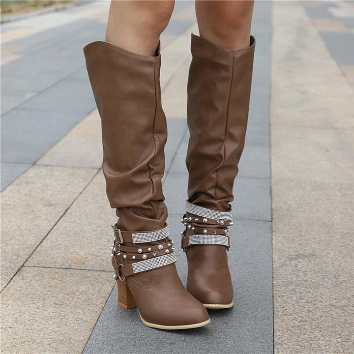 Zolvine | Femme Bottes Hautes Talon Bloc Strass - Brown - Image 7