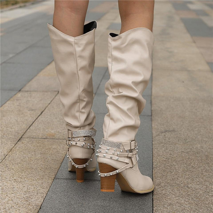 Zolvine | Femme Bottes Hautes Talon Bloc Strass - Brown - Image 8