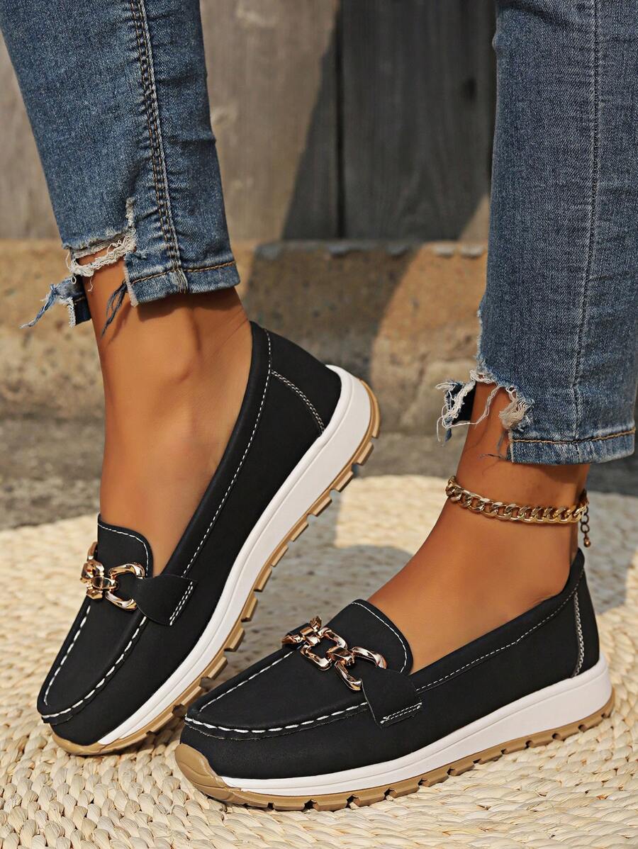 Zora | Women's Chain Detail Black Slip-On Loafers - Image 1